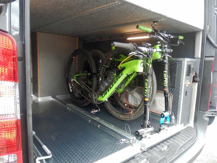 Exteior view of upgraded bike rack in a custom Sportsmobile van conversion.